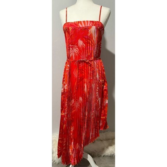 Milly Irene Tropical palm print Asymmetrical pleated accents dress 6 - Picture 9 of 12